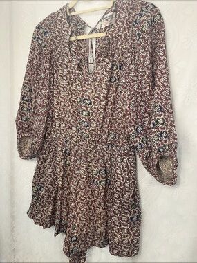 HOLDING HORSES Burgundy and Cream Floral Long-Sleeve Romper S